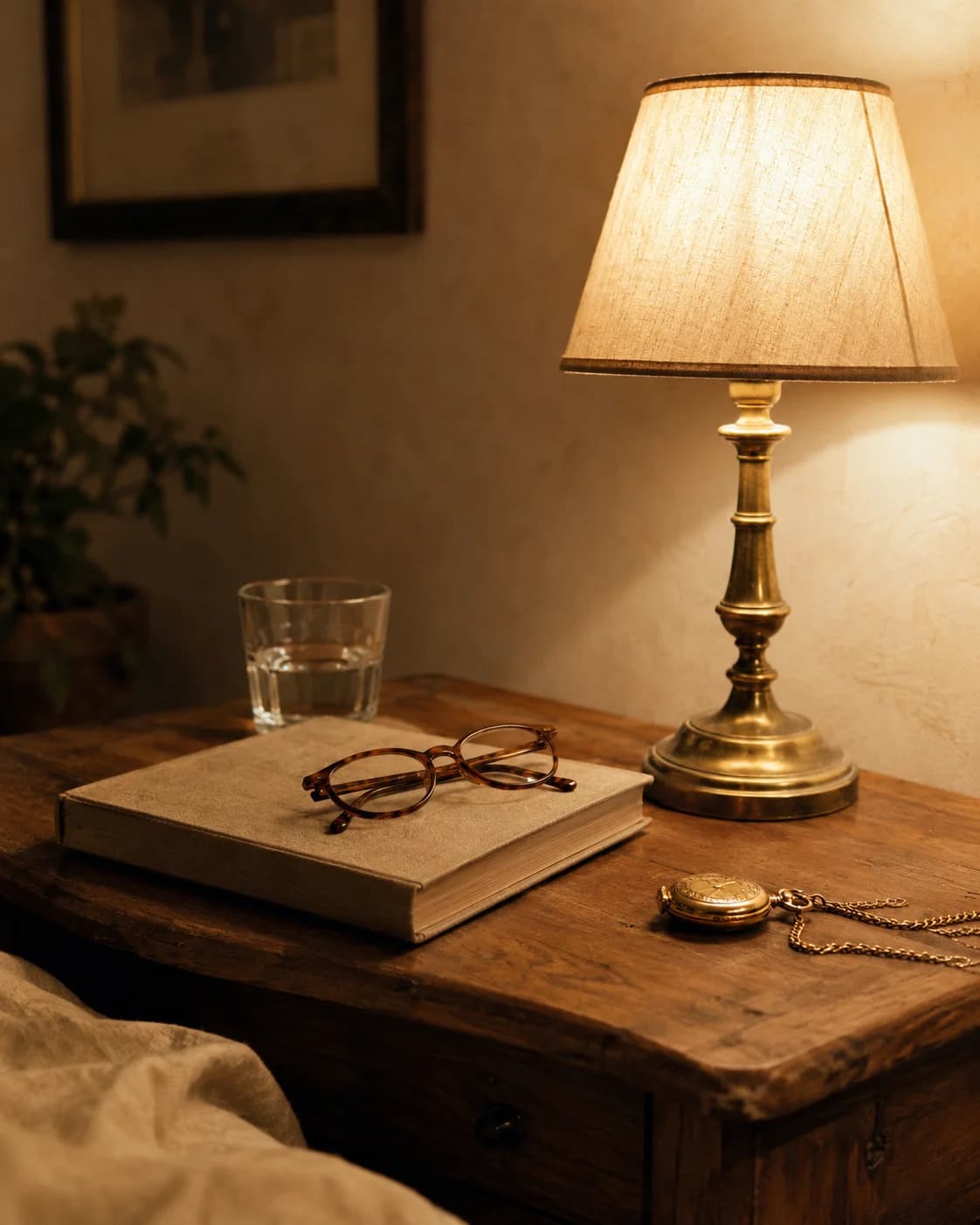 detalhe editorial de mesa de cabeceira italiana ao entardecer com lampião aceso, livro aberto, óculos de leitura e copo de água
