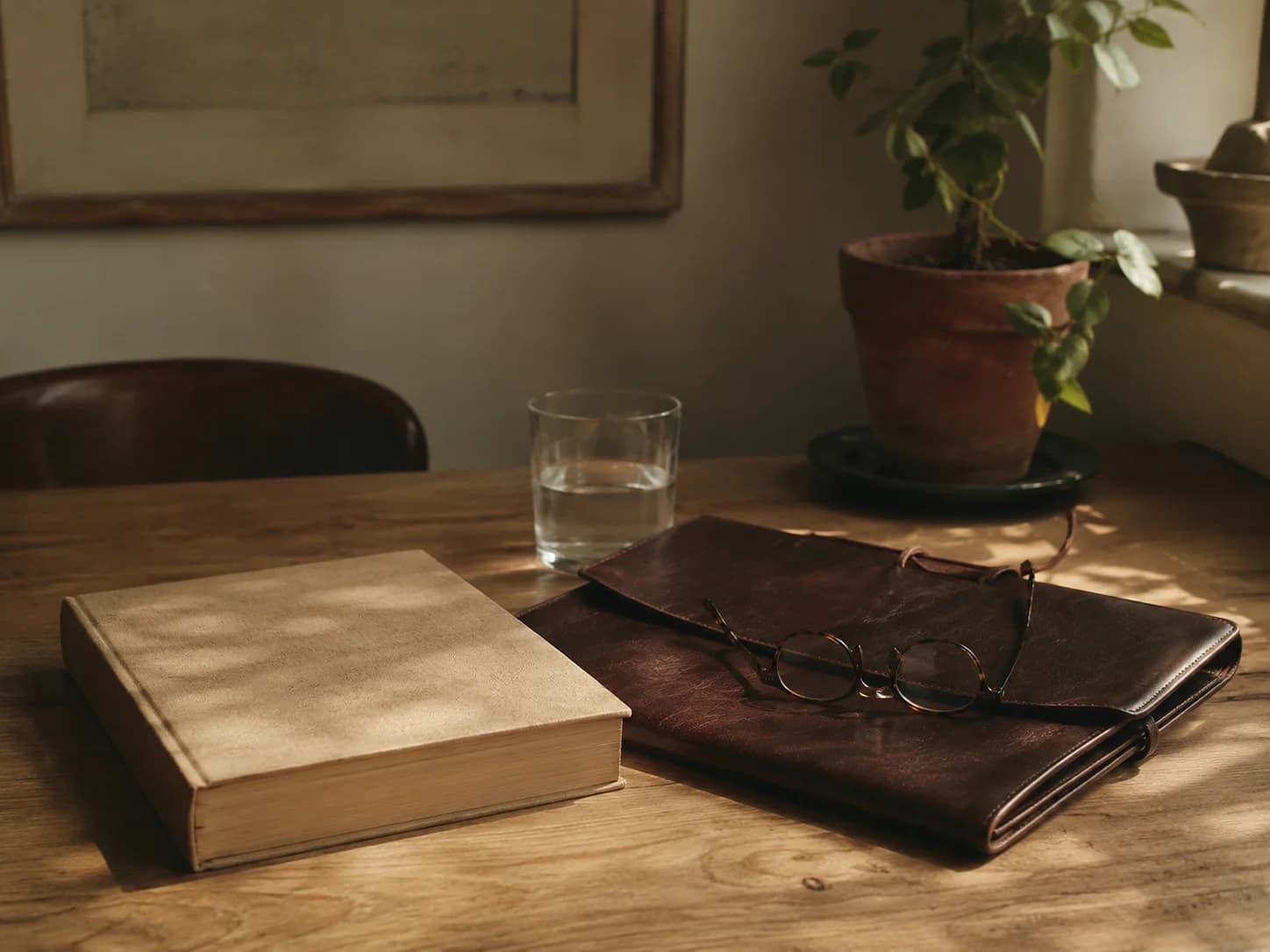 detalhe editorial de mesa de escritório residencial com livro fechado, pasta de couro escuro e óculos de leitura tartaruga