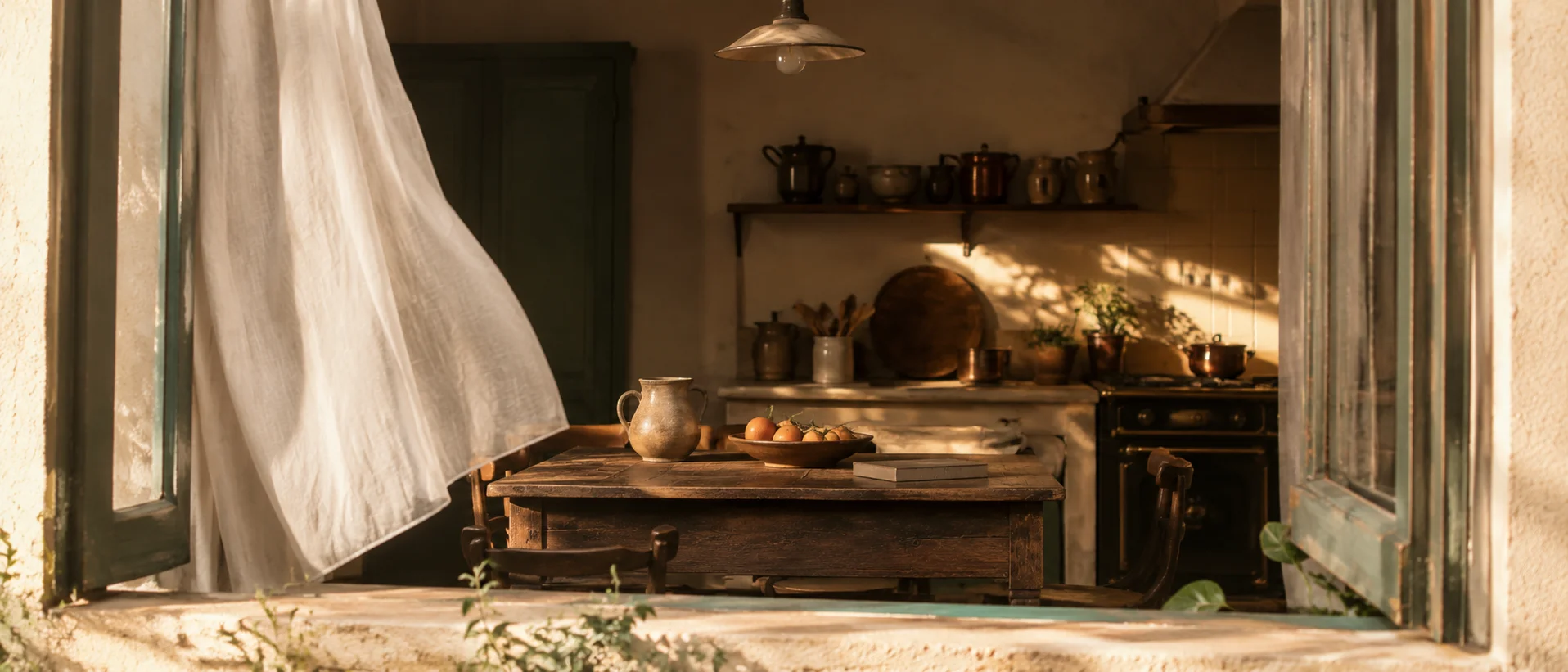 cozinha doméstica ensolarada vista pela janela aberta com cortina branca, mesa com jarra de cerâmica, fruteira e livro fechado